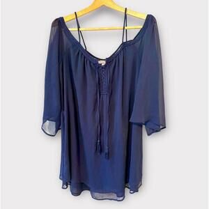 Purple Snow Womens Blouse Navy Blue Flowy Lined 3/4 Sleeves Tie Front Size XL